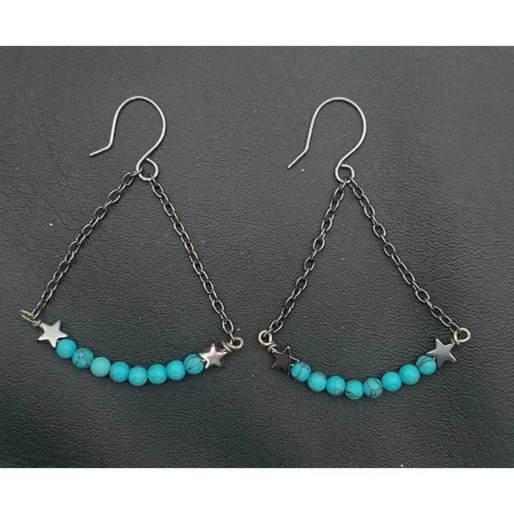 Dark Silver Tone Faux Turquoise With Stars Dangle Boho‎ Southwestern Earrings